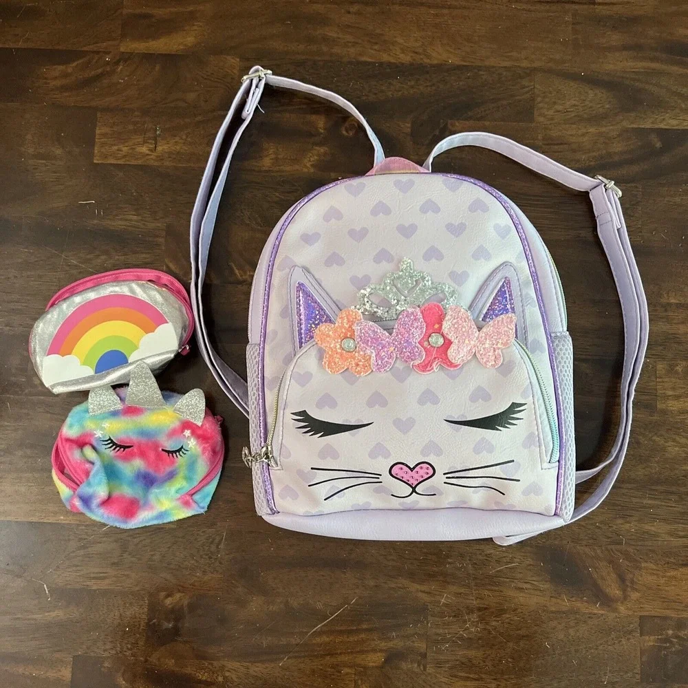Miss OMG‎ Kitty Backpack Princess Crown Flowers Mini Kids Girl Lavender